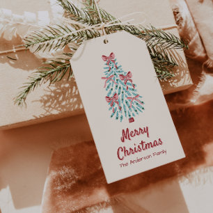 Étiquettes-cadeau Rubans de Noël Retro Rose Rouge Main Tirée Arbre