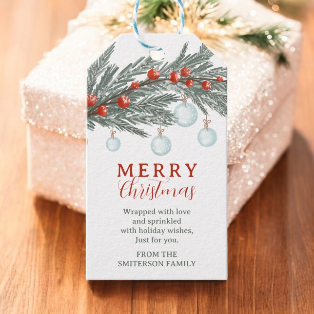 Étiquettes-cadeau Russe À feuillage persistant Branche Rouge Berry J (Rustic Evergreen Branch Red Berry Merry Christmas Gift Tags)