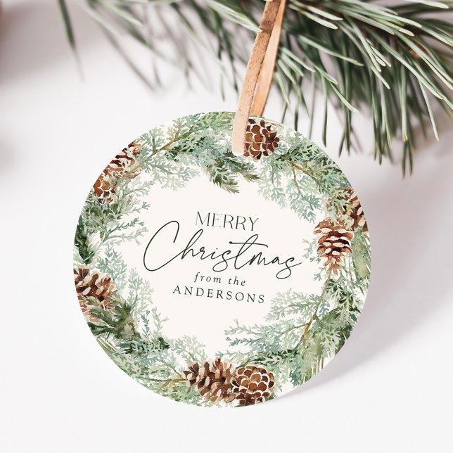 Étiquettes Cadeau Russe Aquarelle Pine Cône Wreath Joyeux Noël (Créateur téléchargé)