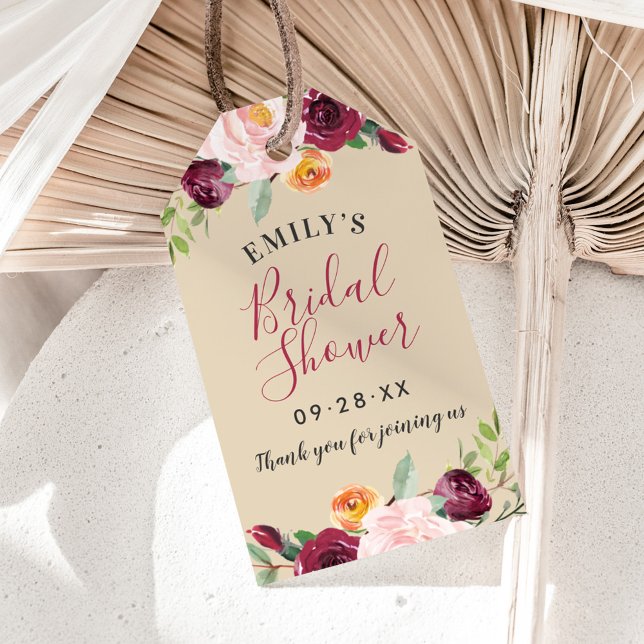 Étiquettes-cadeau Russe Bourgogne Beige Floral Mariage Fête des mari (Créateur téléchargé)