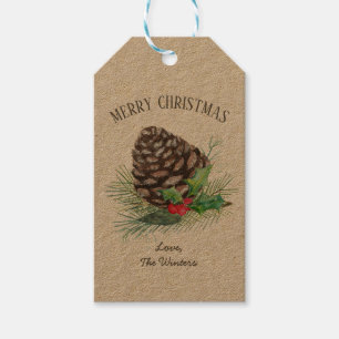 Étiquettes-cadeau Russe Forêt d'hiver Pine Cône Holly Kraft Vacances