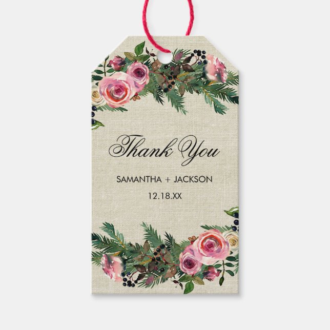 Étiquettes-cadeau Russe hiver Burlap Pine Rose Merci Mariage (Devant)