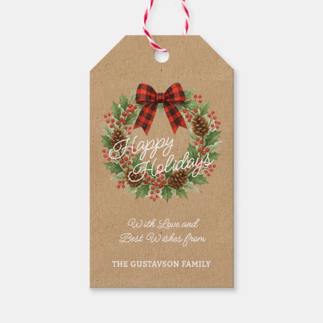 Étiquettes-cadeau Russe Holly Wreath Rouge Noir À damiers Bow (Devant)