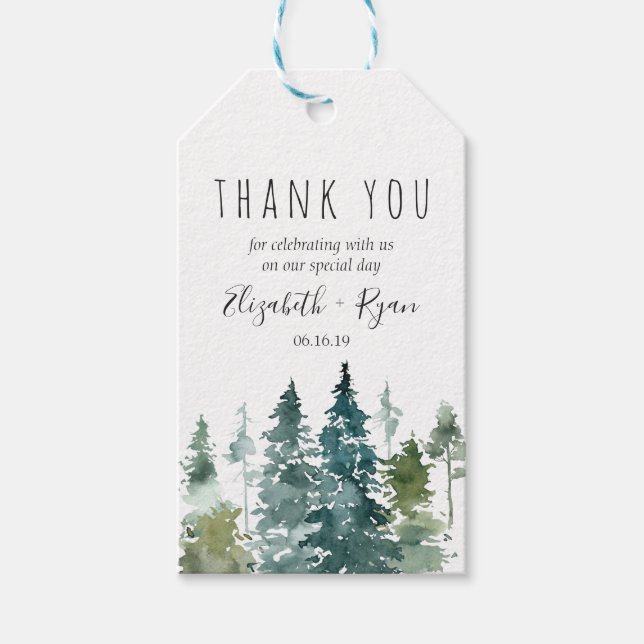 Étiquettes-cadeau Russe minimaliste Aquarelle Pines Mariage Merci (Devant)