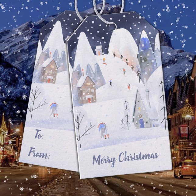 Étiquettes-cadeau Russe Snowy Mountain Ski Village Vacances hiver (Nordic Winter Snowy Mountain Ski Village Night Sky Christmas Holiday Name Tags)
