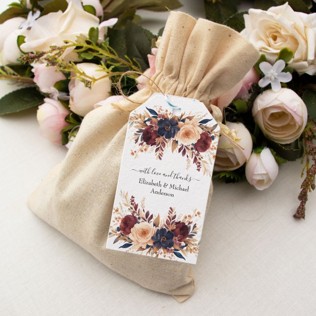 Étiquettes-cadeau Rust Terracotta Marine Crème Mariage Floral (Rust Terracotta Navy Blue Cream Floral Wedding Gift Tag)