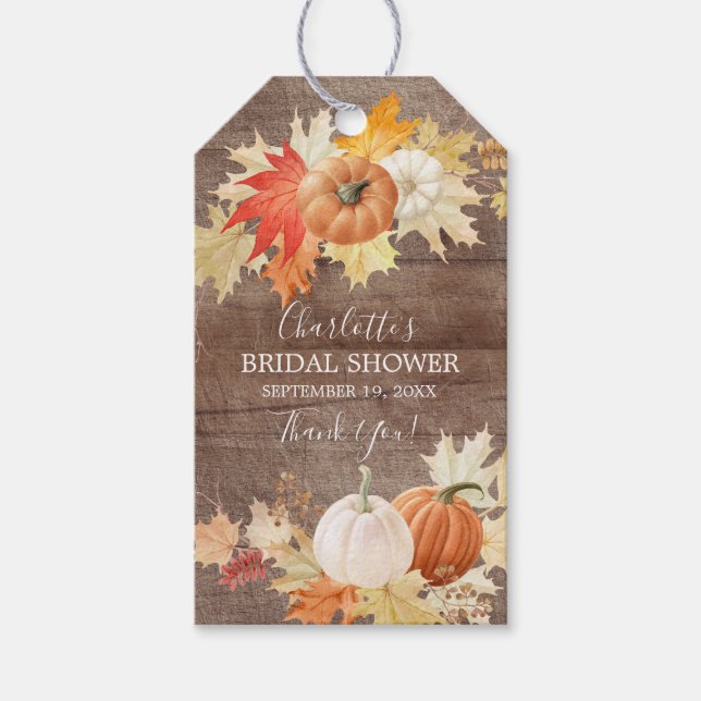 Étiquettes-cadeau Rustic Automne laisse Citrouille Fête des mariées  (Devant)