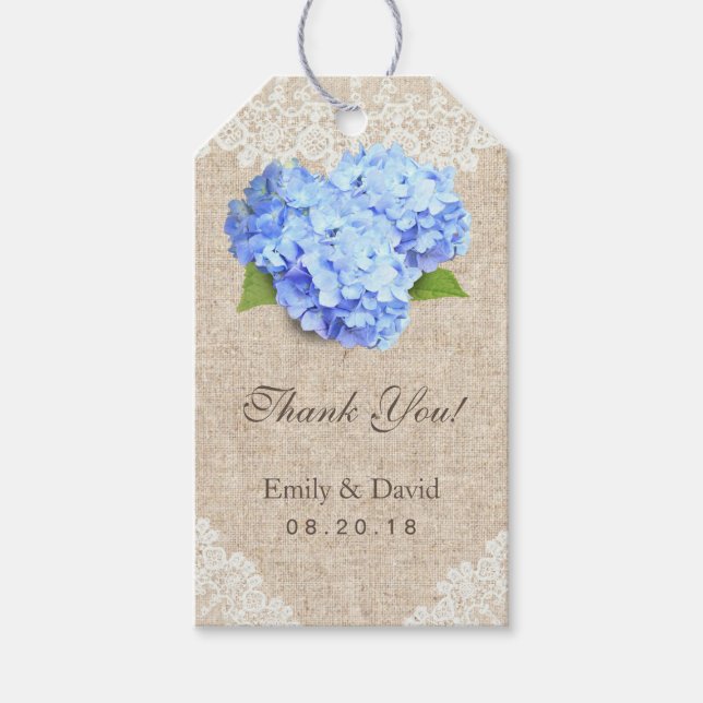 Étiquettes-cadeau Rustic Blue Hydrangea dentelle & Burlap Mariage Fa (Devant)