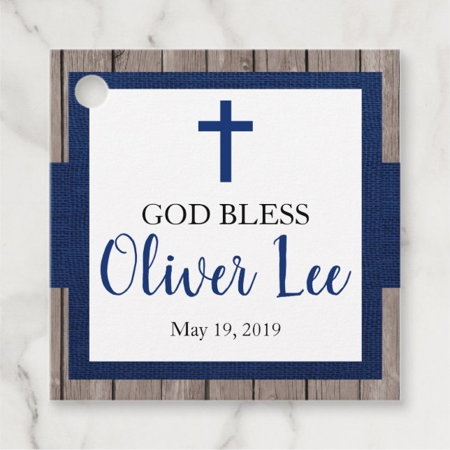 Étiquettes Cadeau Rustic Boy Baptism Wood & Navy (Devant)