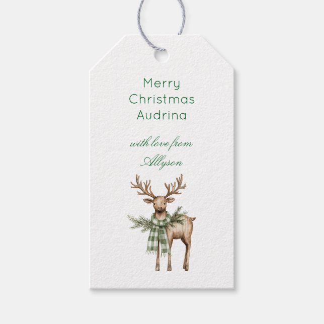 Étiquettes-cadeau Rustic Brown Cream Green Christmas Deer (Devant)