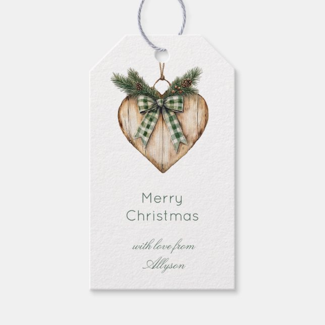 Étiquettes-cadeau Rustic Brown Cream Green Heart Bow Christmas   (Devant)