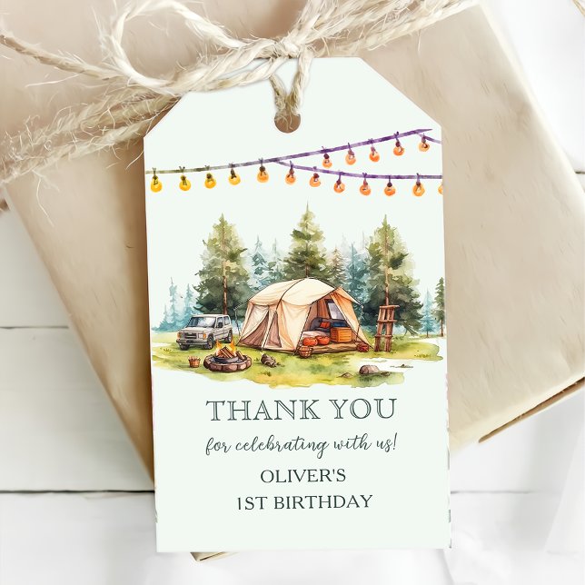 Étiquettes-cadeau Rustic Camping fête d'anniversaire (Créateur téléchargé)