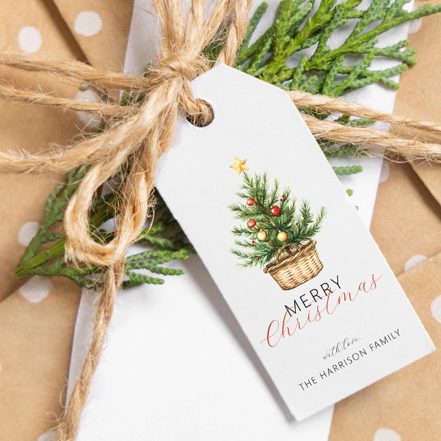 Étiquettes-cadeau Rustic Christmas Tree In Basket Personalized (Rustic Christmas Tree In Basket Personalized Gift Tags)