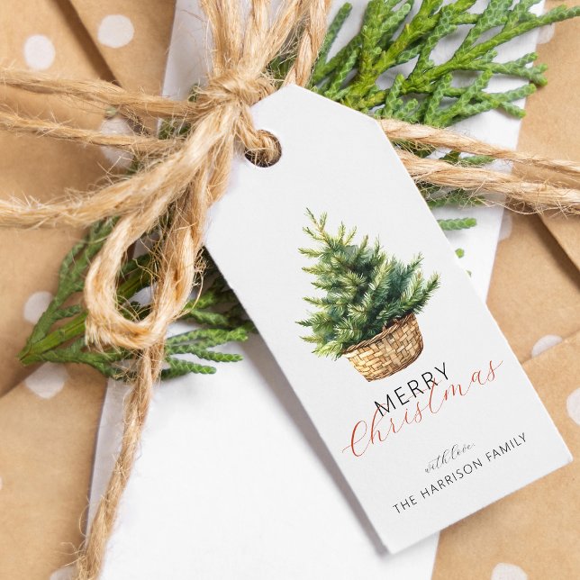 Étiquettes-cadeau Rustic Christmas Tree In Basket Personalized (Rustic Christmas Tree In Basket Personalized Gift Tags)