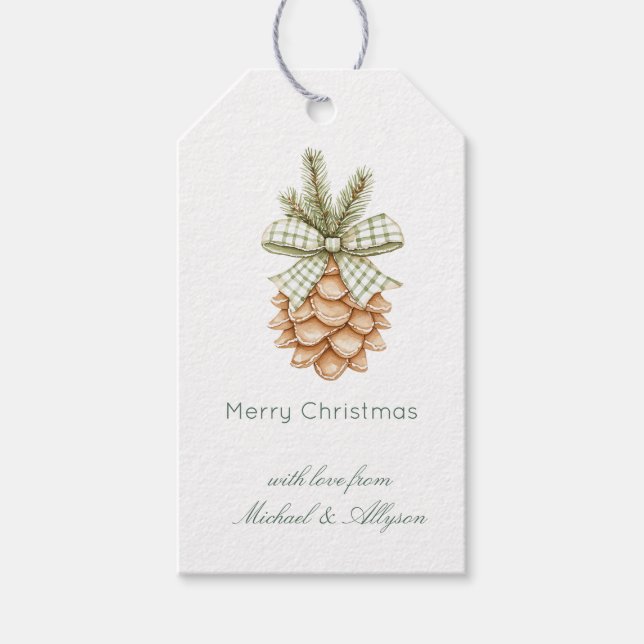 Étiquettes-cadeau Rustic Cream Pine Cone Green Bow Christmas (Devant)