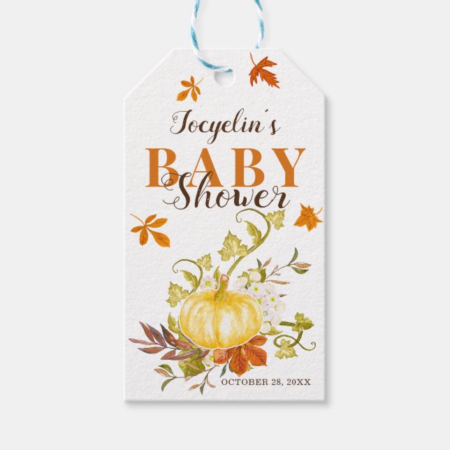 Étiquettes-cadeau Rustic Fall Citrouille | Baby shower aquarelle (Devant)
