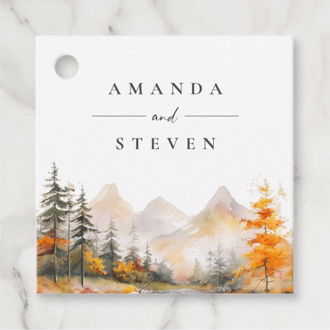 Étiquettes Cadeau Rustic Fall Mountain Pine Forest Wedding (Devant)