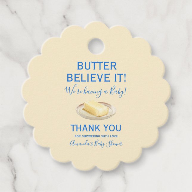 Étiquettes Cadeau Rustic Food Butter Yellow Blue Baby Shower  (Devant)