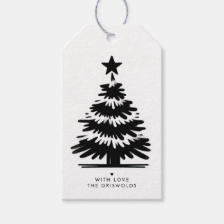 Étiquettes-cadeau Rustic Grunge Black & White Merry Christmas Tree