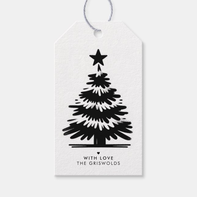 Étiquettes-cadeau Rustic Grunge Black & White Merry Christmas Tree (Devant)