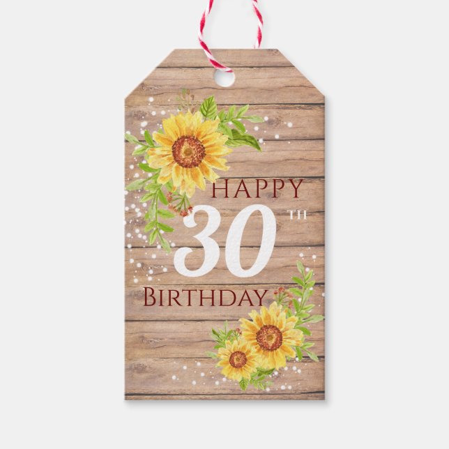 Étiquettes-cadeau Rustic Joyeux 30e anniversaire floral tournesol (Devant)