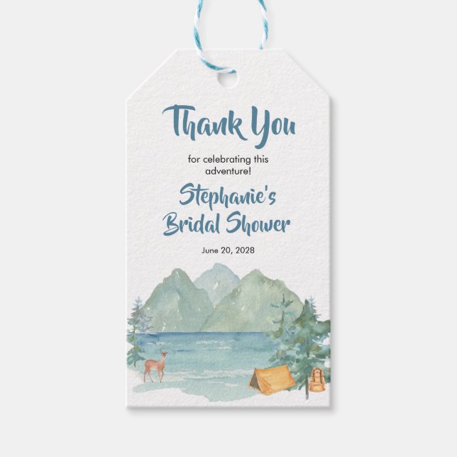 Étiquettes-cadeau Rustic Mountain Watercolor Fête des mariées d'aven (Devant)