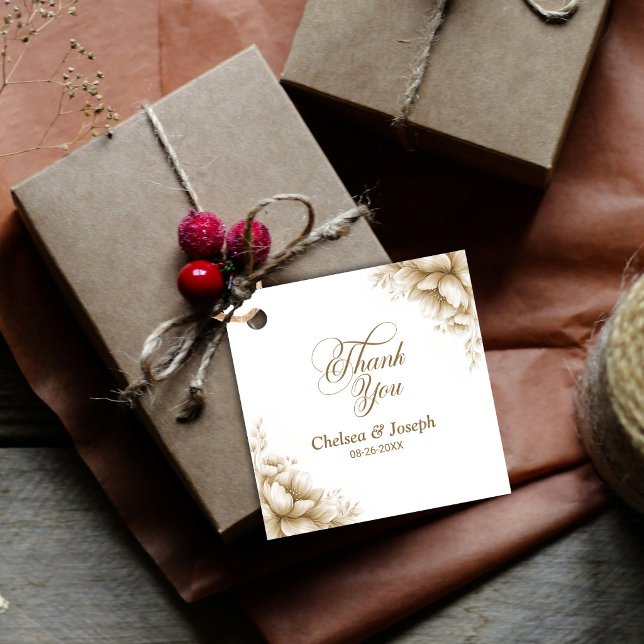 Étiquettes Cadeau Rustic Neutral Floral Wedding Thank You (Créateur téléchargé)