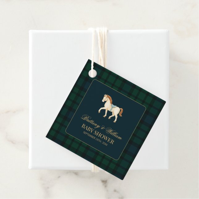 Étiquettes Cadeau Rustic Tartan Plaid Horse Baby Shower  (En situation)