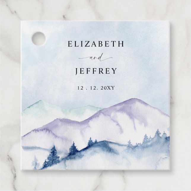 Étiquettes Cadeau Rustic Watercolor Mountains Outdoor Pine Mariage (Devant)
