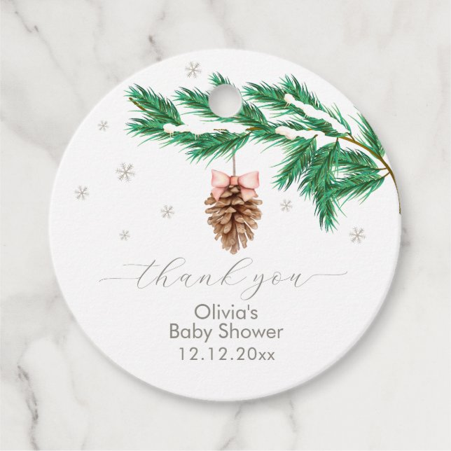 Étiquettes Cadeau Rustic Winter Snowflake Pine cone Baby Shower  (Devant)