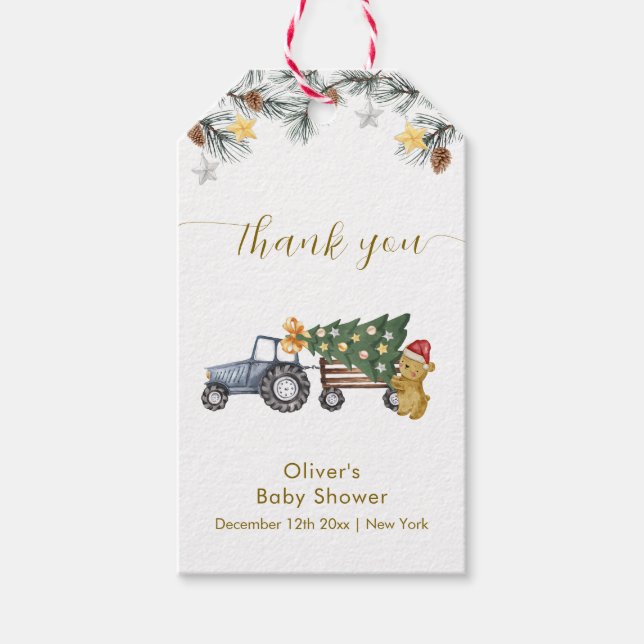 Étiquettes-cadeau Rustic Winter X'mas Tree Tractor Bear Baby Shower (Devant)