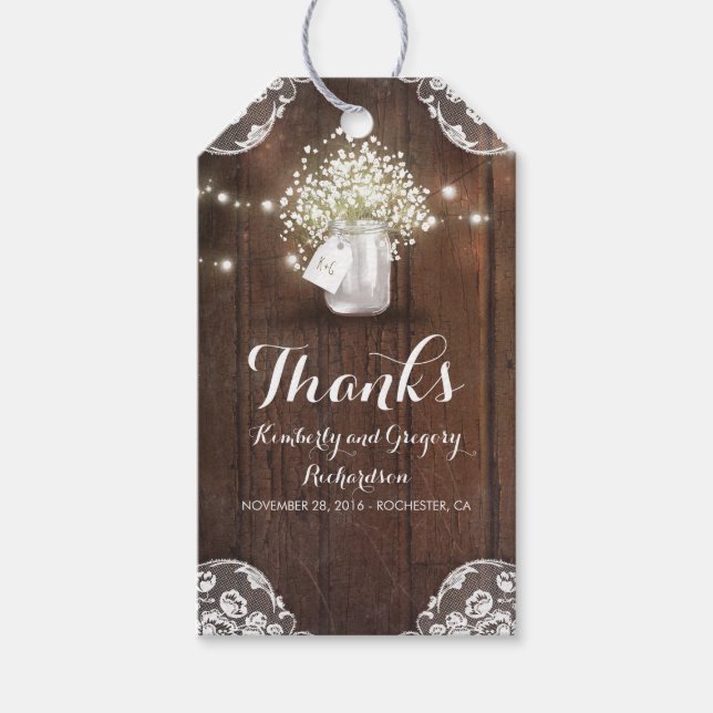 Étiquettes-cadeau Rustic Wood Baby's Breath Mason Jar Barn Mariage (Devant)