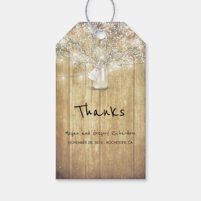 Étiquettes-cadeau Rustic Wood Baby's Breath Mason Jar Barn Mariage (Devant)