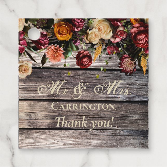 Étiquettes Cadeau Rustic Wood Floral Mr & Mrs Mariage (Devant)