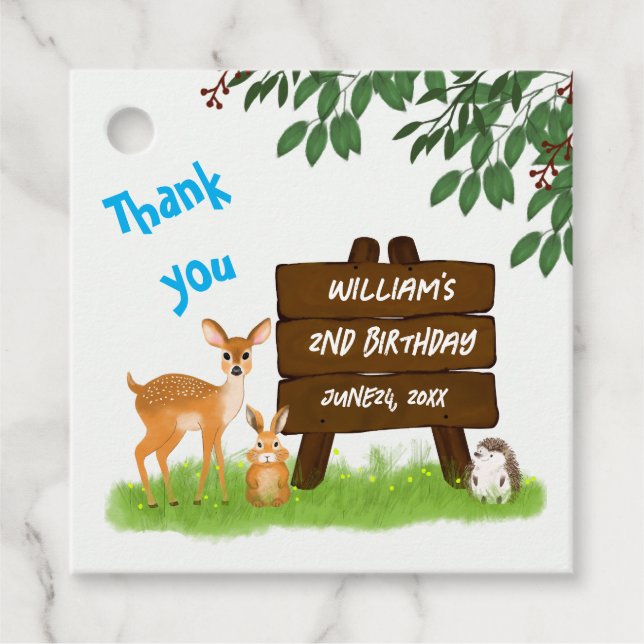 Étiquettes Cadeau Rustic Woodland Deer Rabbit Hedgehog Birthday (Devant)