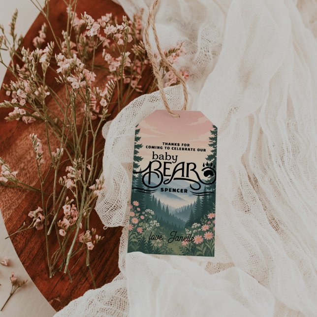 Étiquettes-cadeau Rustic Woodland Vintage Baby Bear Shower (Créateur téléchargé)