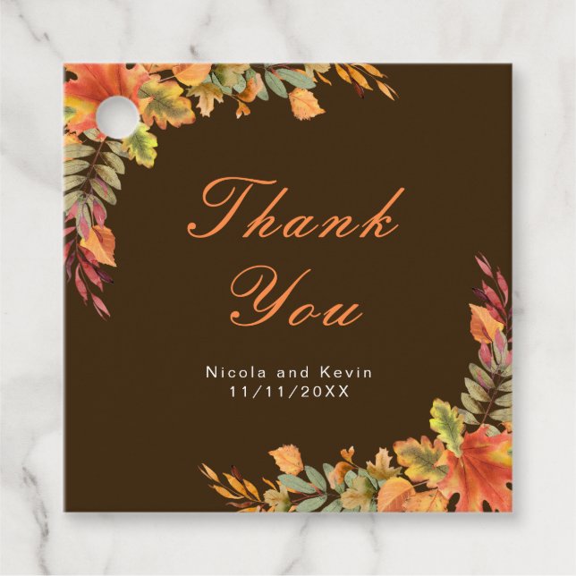 Étiquettes Cadeau Rustique Automne Feuilles Mariage Merci (Devant)