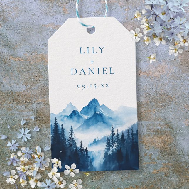 Étiquettes-cadeau Rustique Boho Blue Watercolor Mountains Mariage (Rustic Boho Blue Watercolor Mountains Wedding Gift Tags)