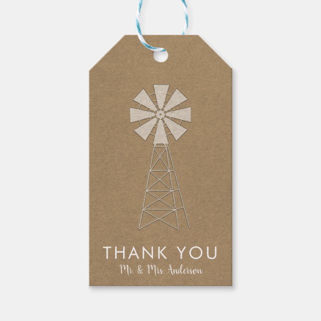 Étiquettes-cadeau Rustique Brown Kraft Windmill Mariage moderne (Devant)