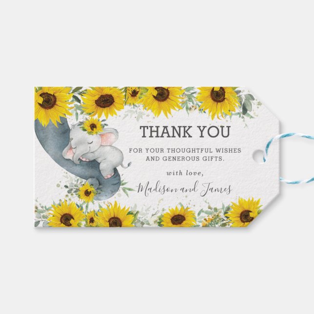 Étiquettes-cadeau Rustique Chic Sunflower Elephant Baby shower Favor (Devant (Horizontal))