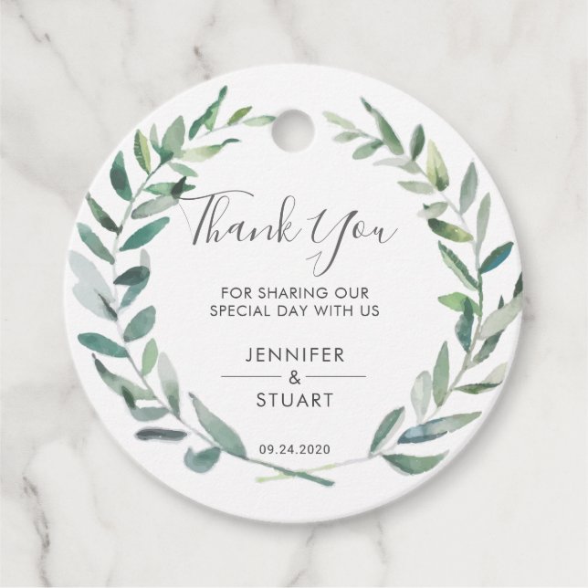 Étiquettes Cadeau Rustique élégant feuille Mariage Merci aquarelle (Devant)