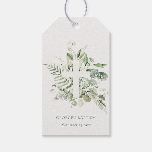 Étiquettes-cadeau Rustique Green Eucalyptus Fern Foliage Croix Baptê (Devant)