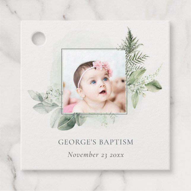 Étiquettes Cadeau Rustique Green Eucalyptus Fern Foliage Photo Baptê (Devant)