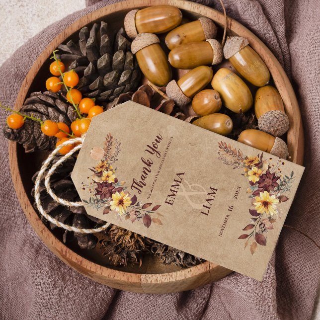 Étiquettes-cadeau Rustique Jaune & Bourgogne Automne Floral Mariage  (Rustic Yellow & Burgundy Fall Floral Wedding Favor Gift Tags)
