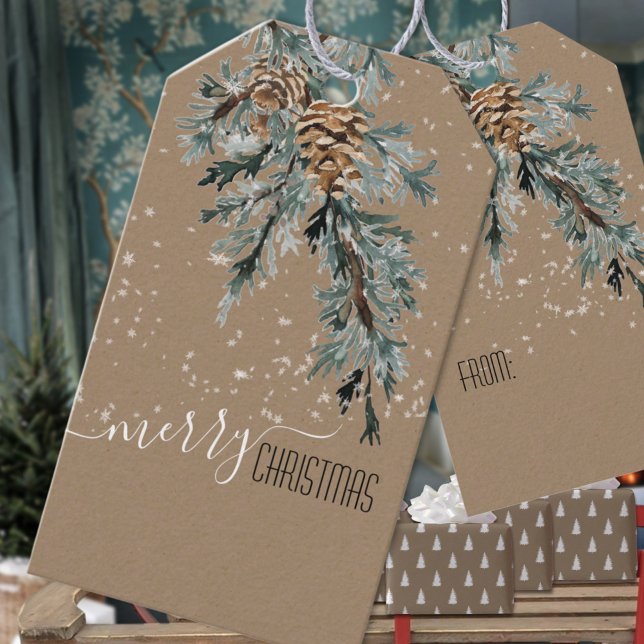Étiquettes-cadeau Rustique Kraft Juniper Bough & Cones Joyeux Noël (Rustic Kraft Juniper Bough & Cones Merry Christmas Holiday Gift Wrapping Name Tag
)