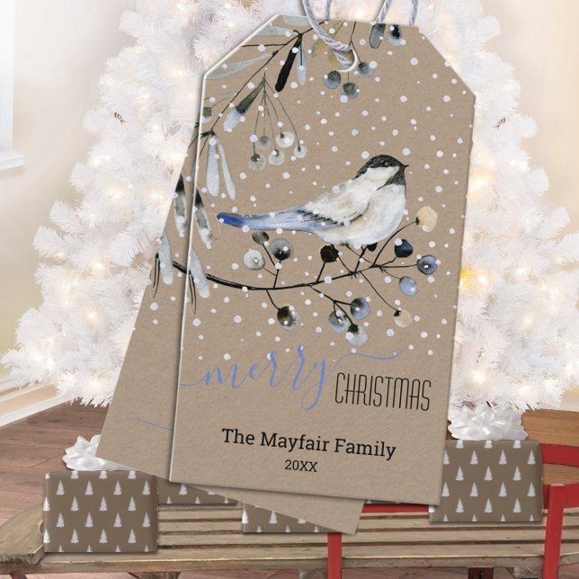 Étiquettes-cadeau Rustique Kraft Snowy Chickadee Bird Joyeux Noël (Rustic Kraft Snowy Chickadee Bird Merry Christmas Holiday Gift Wrapping Name Tag
)