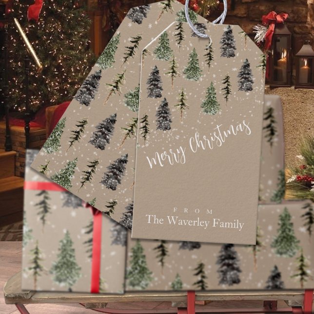 Étiquettes-cadeau Rustique Kraft Winter Woodland Snowy Spruce Trees (Rustic Kraft Winter Woodland Snowy Spruce Trees Christmas Holiday Editable Gift Tags)