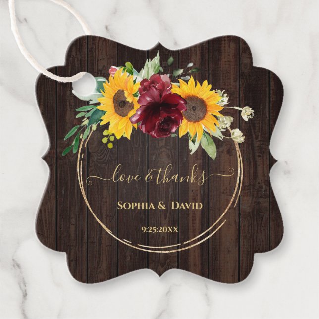 Étiquettes Cadeau Rustique Marsala Floral Sunflower Mariage en bois (Devant)