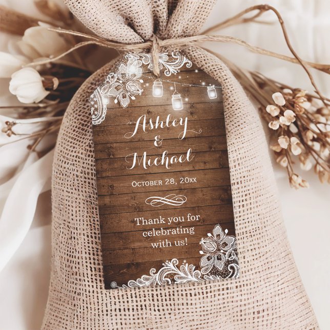 Étiquettes-cadeau Rustique Mason Jar Lights Lace Mariage Merci (Créateur téléchargé)