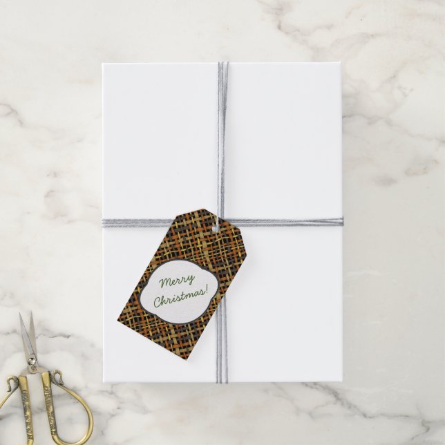 Étiquettes-cadeau Rustique Motif Burlap Noir avec salutation texte (Avec de la ficelle)